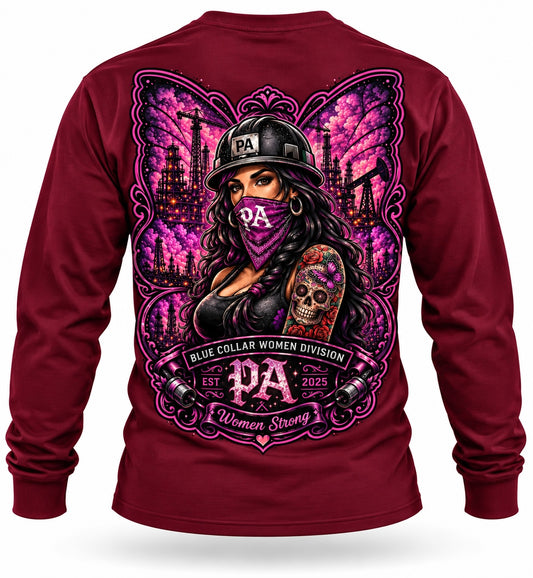 Maroon long sleeve shirt featuring a graphic of a woman in a hard hat with industrial and butterfly wing background.
