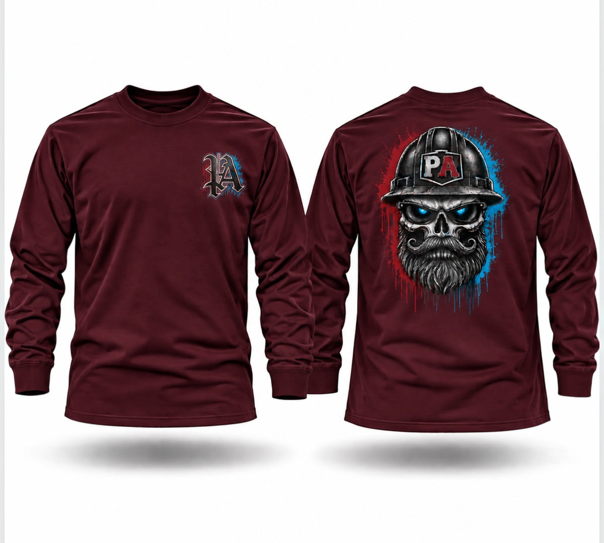 Maroon long sleeve crewneck shirt featuring a bearded skull in a hard hat graphic on the back and a small front logo.