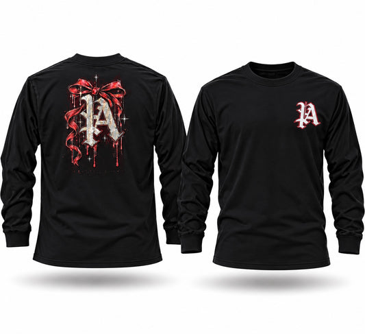 Black long sleeve graphic tee featuring a gothic letter A with a red ribbon and dripping design on the back and chest.