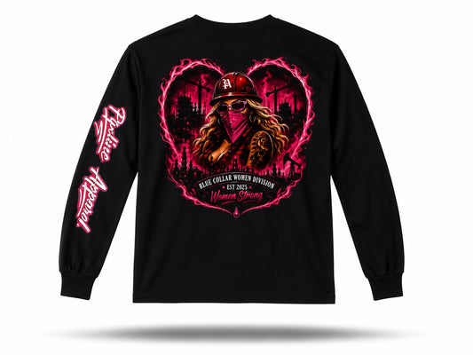 Black long sleeve shirt featuring a pink heart graphic of a woman in a hard hat and bandana with industrial imagery.