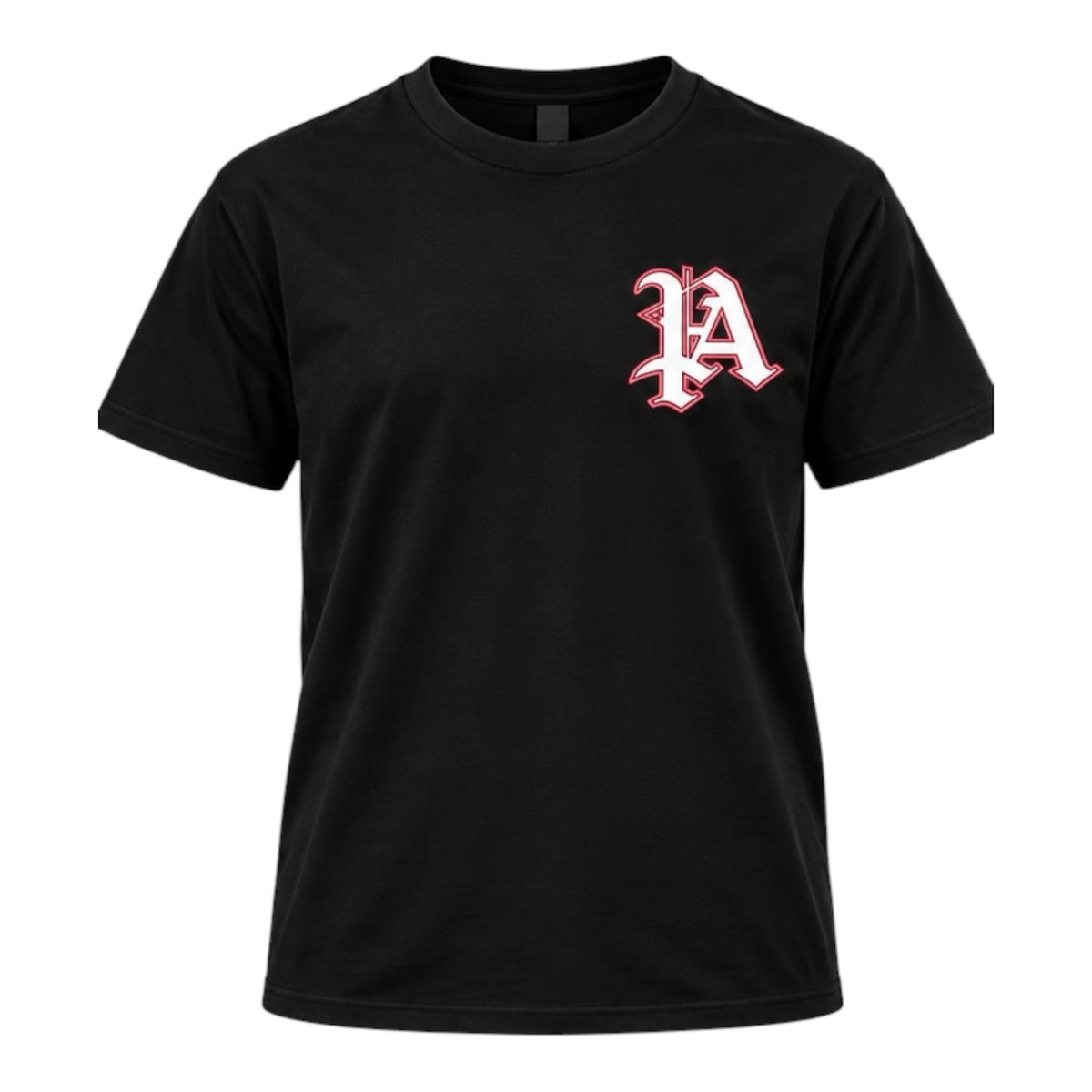 Black crewneck t-shirt featuring a white and red gothic letter logo on the left chest.