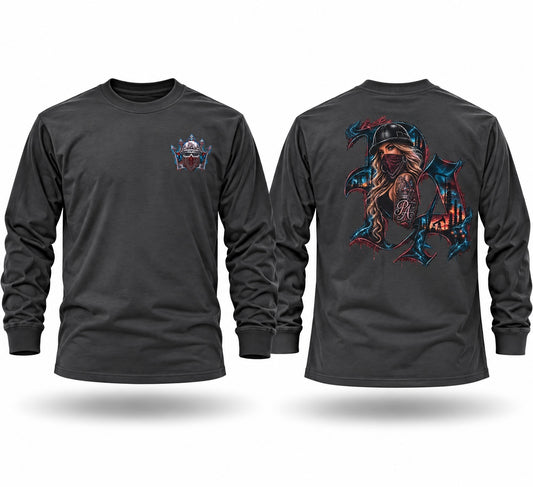 Black long sleeve crewneck shirt with a small chest emblem and a large detailed graphic print of a woman on the back.