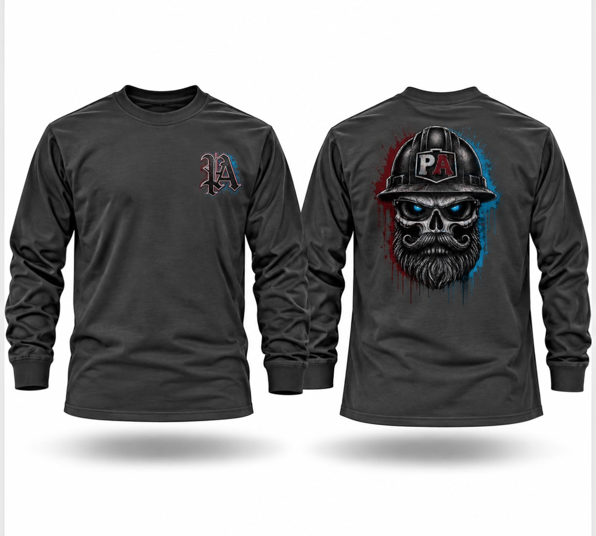 Black long sleeve crewneck shirt with front logo and back graphic of a bearded skull wearing a hard hat.