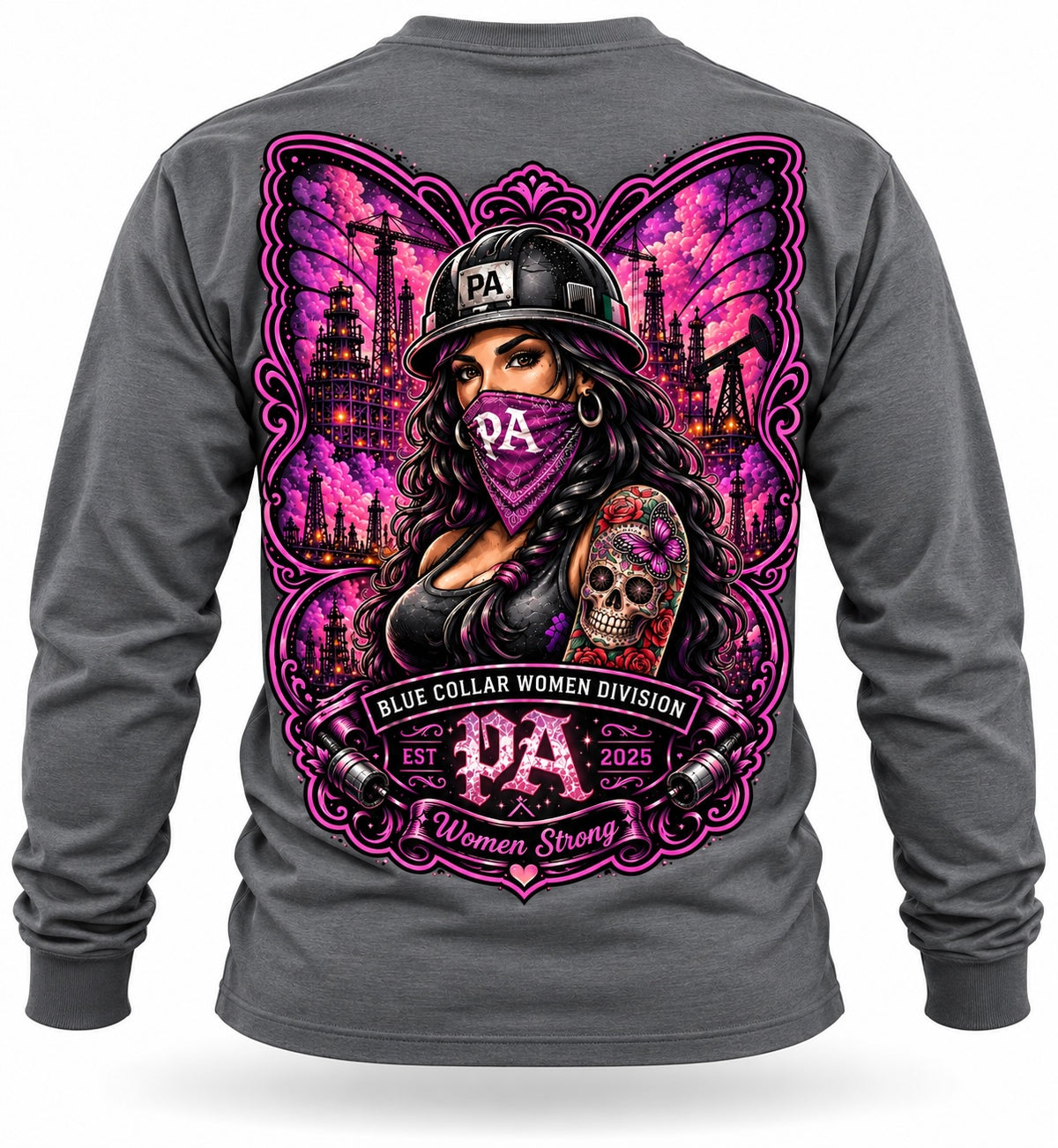 Charcoal grey long sleeve shirt featuring a vibrant pink graphic of a woman in a hard hat with industrial background.