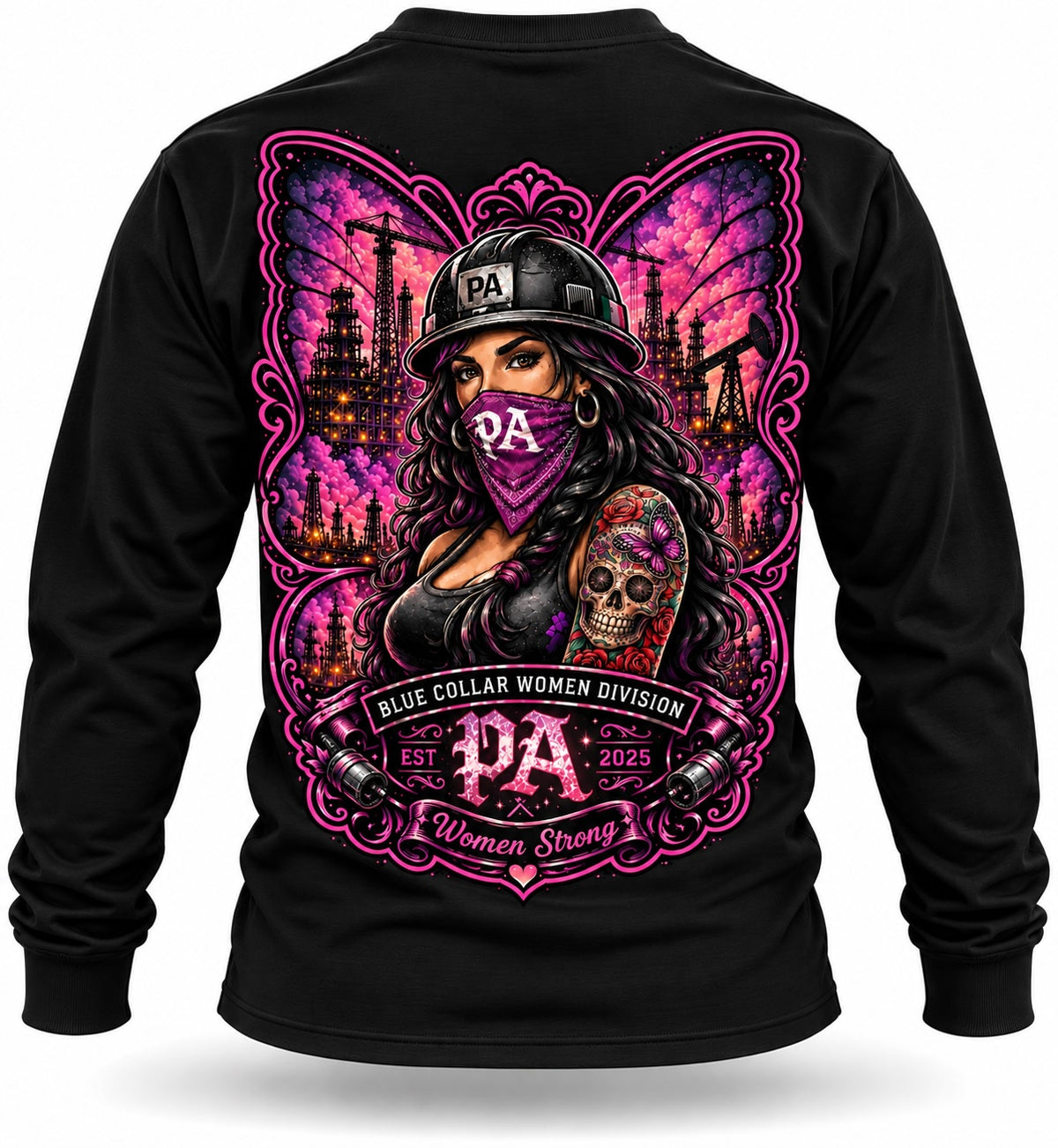 Black long sleeve shirt featuring a vibrant pink graphic of a woman in a hard hat with industrial and skull artwork.