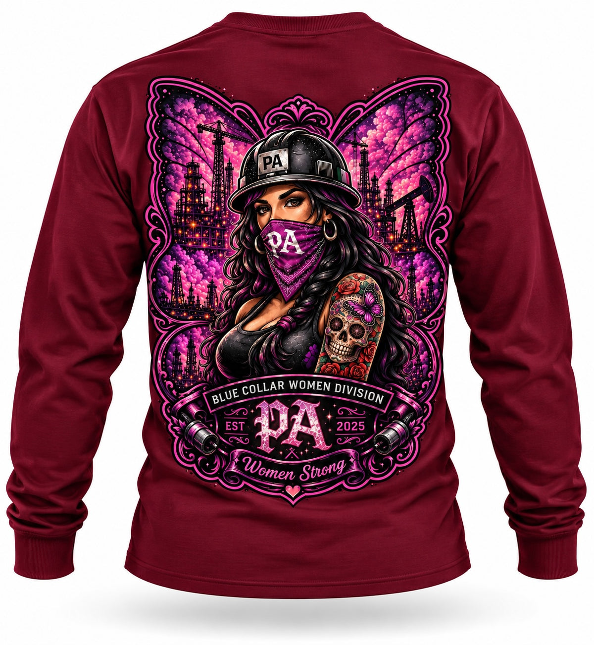 Maroon long sleeve shirt featuring a graphic of a woman in a hard hat with industrial and butterfly wing background.