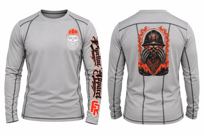 Grey long sleeve performance work shirt with graphic skull print on back and sleeve, moisture-wicking fabric.