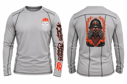 Grey long sleeve performance work shirt with graphic skull print on back and sleeve, moisture-wicking fabric.