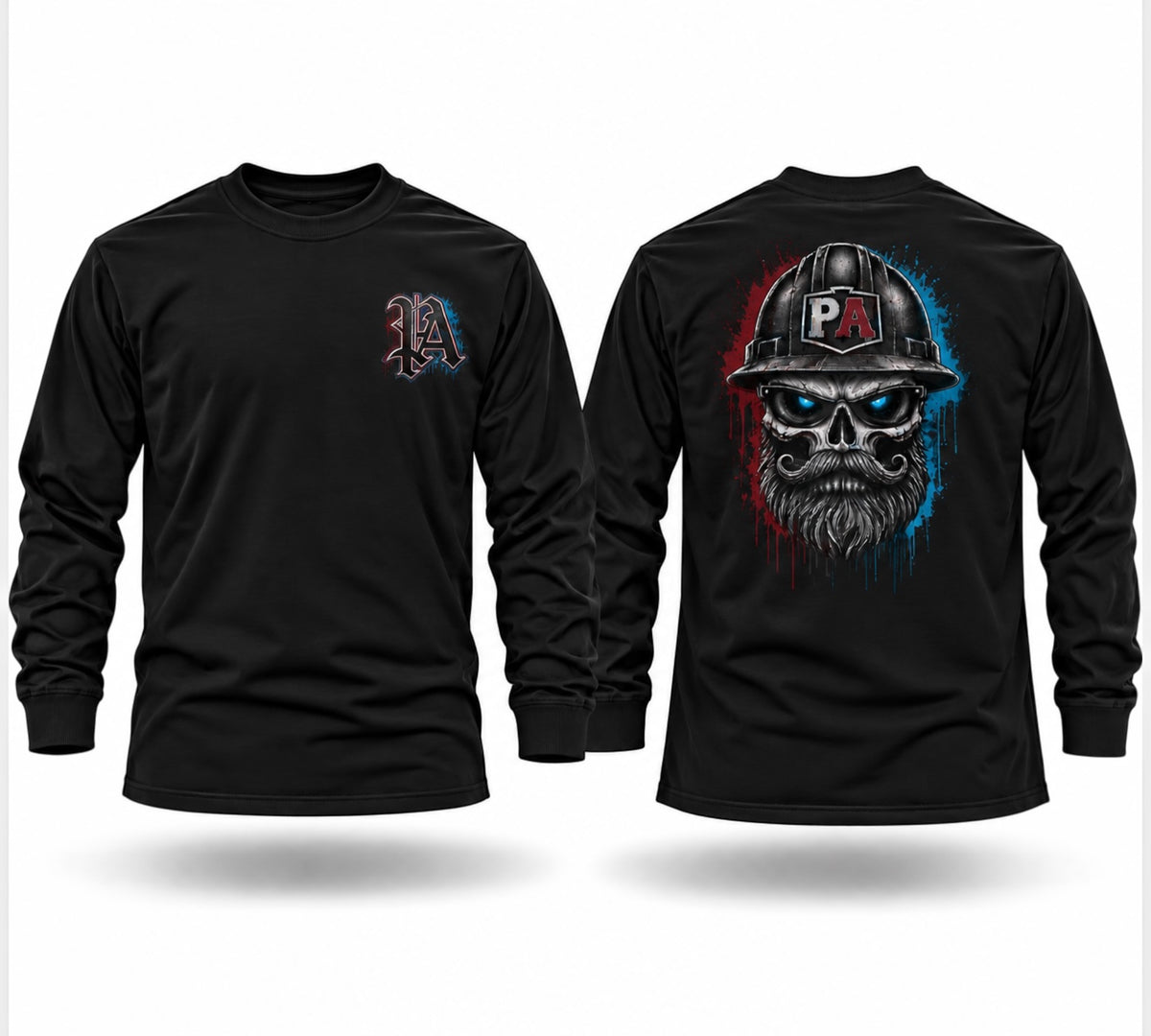 Black long sleeve crewneck shirt featuring a front logo and a back graphic of a bearded skull wearing a hard hat.