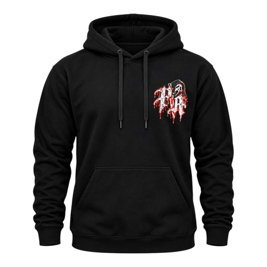 Black pullover hoodie with a horror-inspired graphic logo on the chest, drawstring hood, and front kangaroo pocket.