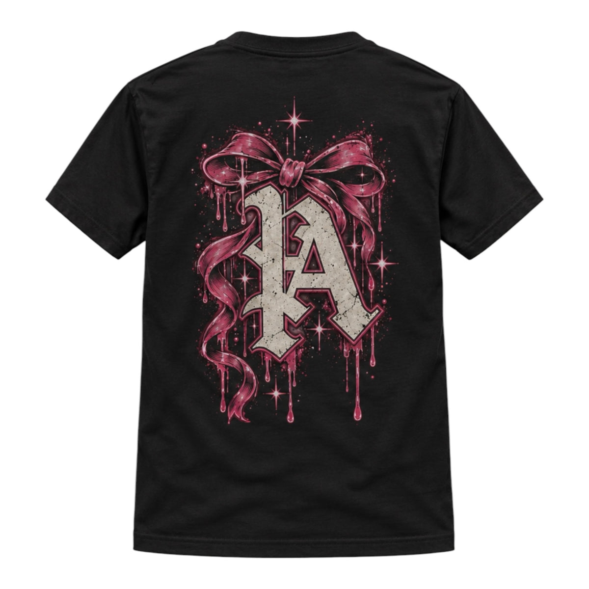 Black crewneck t-shirt featuring a gothic letter A graphic with pink ribbon and sparkling star details on the back.