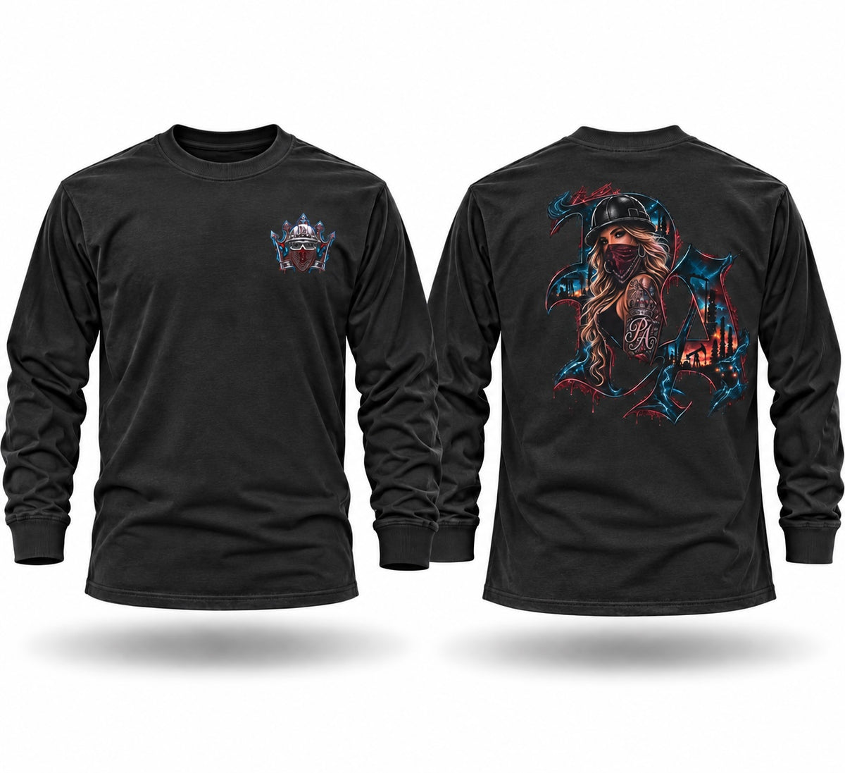 Black long sleeve crewneck shirt with a small chest emblem and a large artistic graphic print on the back.