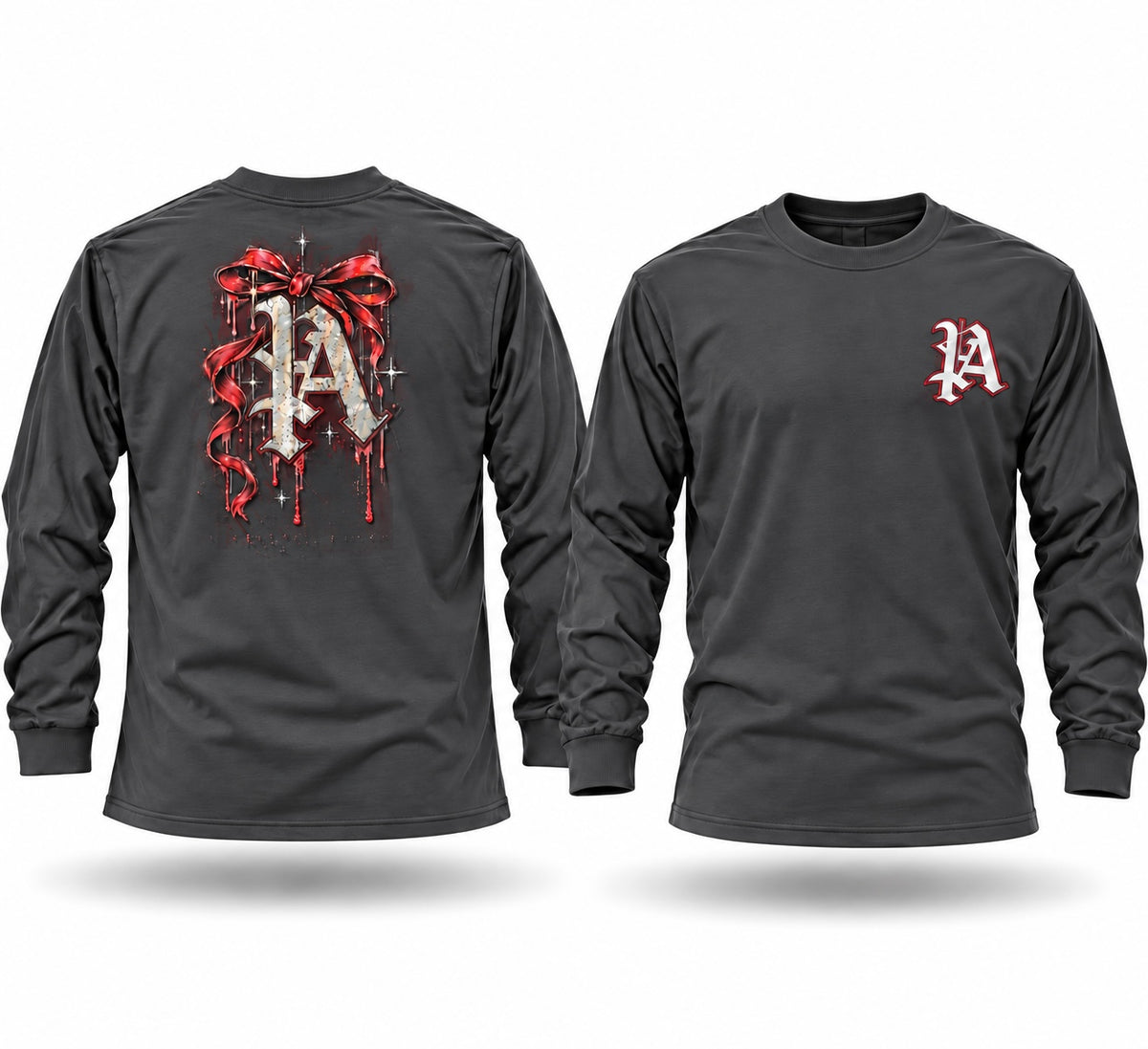 Black long sleeve graphic tee featuring a gothic letter A with a red ribbon and dripping design on the back and chest.
