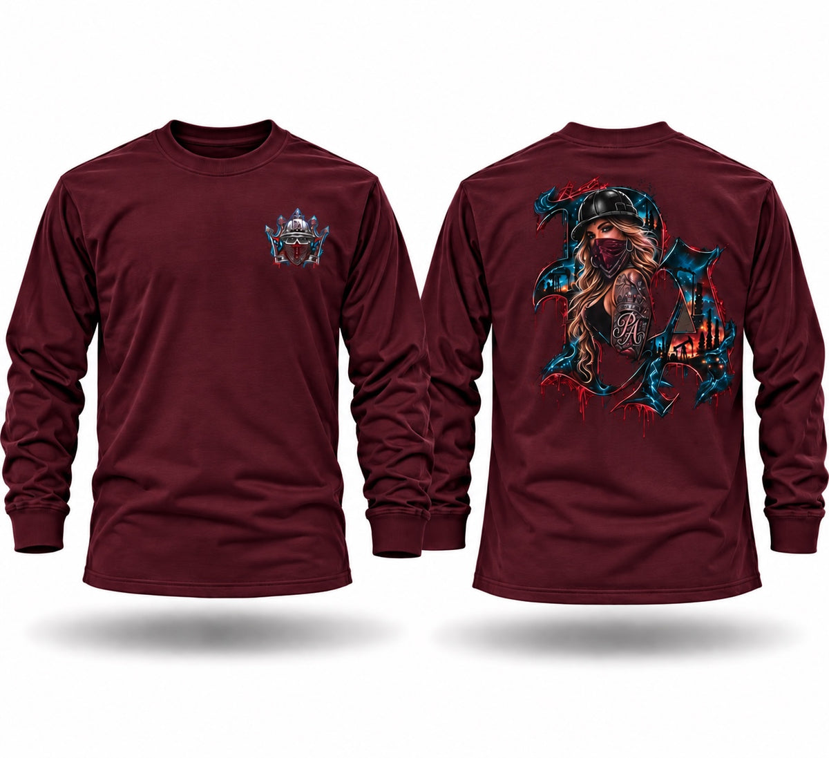 Maroon long sleeve crewneck shirt with a small chest emblem and a large graphic print of a woman on the back.