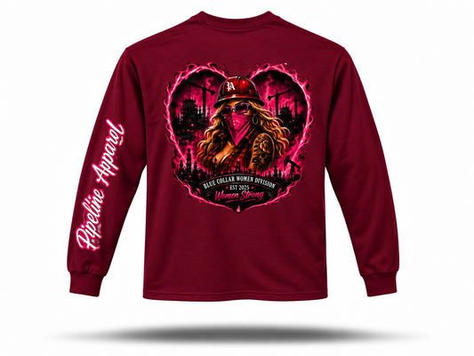 Maroon long sleeve shirt featuring a pink heart graphic of a woman in a hard hat and bandana with industrial imagery.