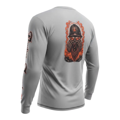 Light grey moisture-wicking long sleeve work shirt with a graphic of a skull in a hard hat on the back.