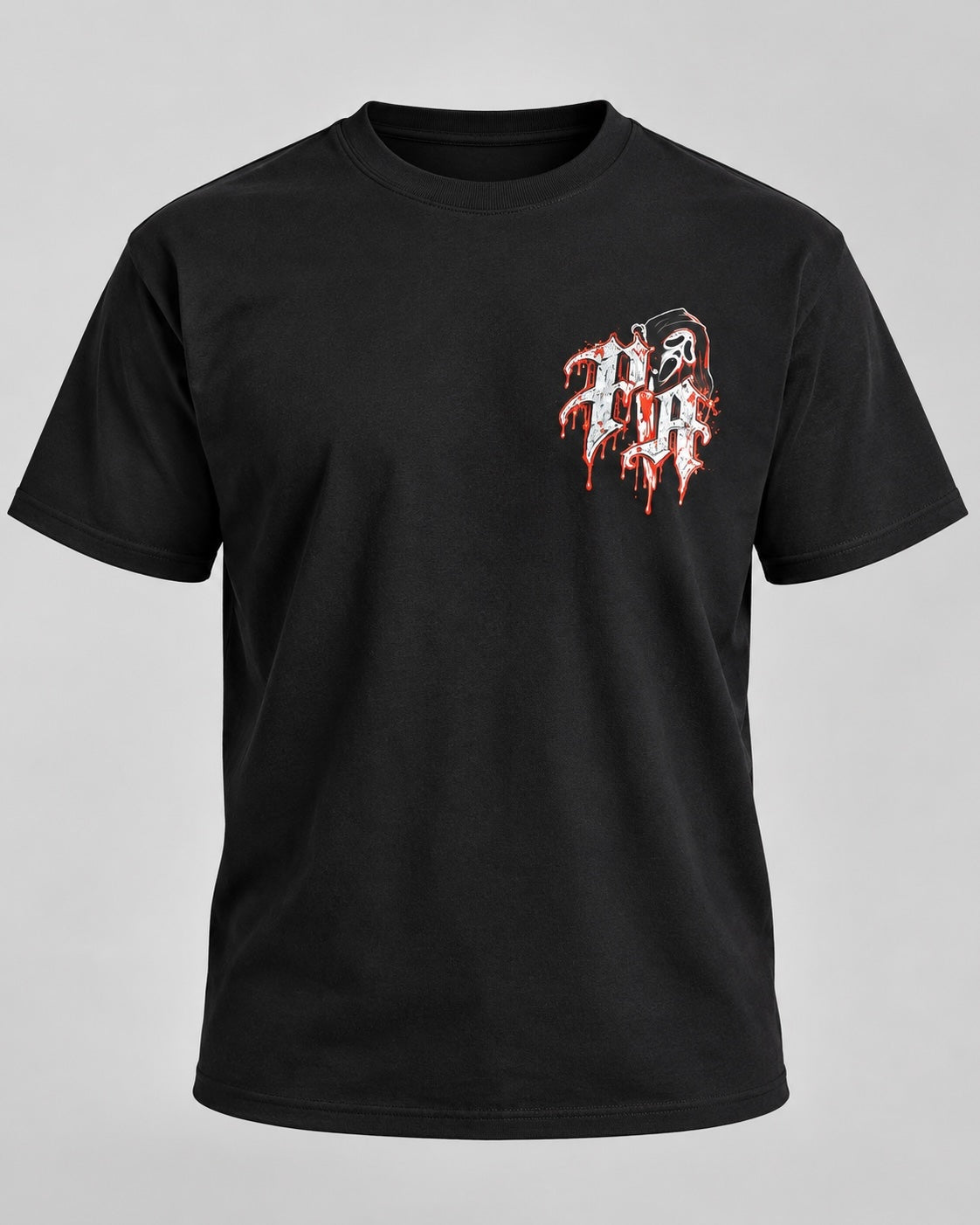 Pipeline Apparel black cotton crewneck t-shirt featuring a small, horror-inspired blood-dripping logo on the chest.