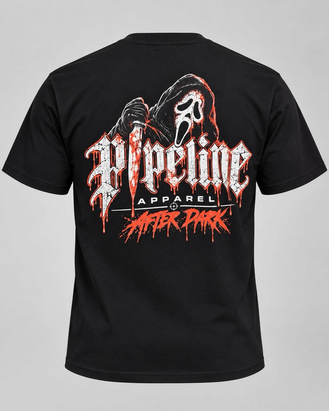 Back view of a black Pipeline Apparel cotton t-shirt featuring a horror-inspired graphic with a masked figure.