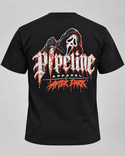 Back view of a black Pipeline Apparel cotton t-shirt featuring a horror-inspired graphic with a masked figure.