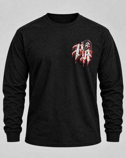Pipeline Apparel black long sleeve cotton t-shirt with a red and white horror-inspired chest logo graphic