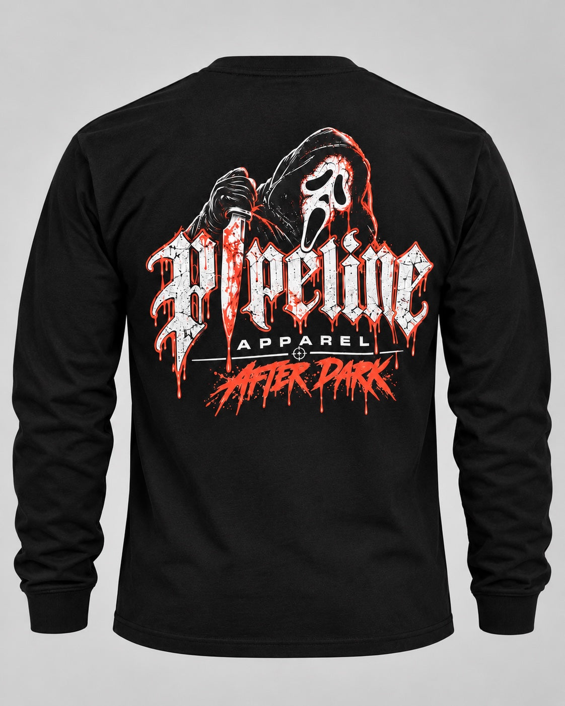 Back view of Pipeline Apparel black long sleeve t-shirt featuring a horror-inspired hooded figure graphic in red