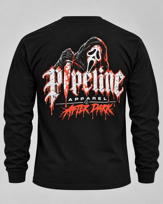Back view of Pipeline Apparel black long sleeve t-shirt featuring a horror-inspired hooded figure graphic in red