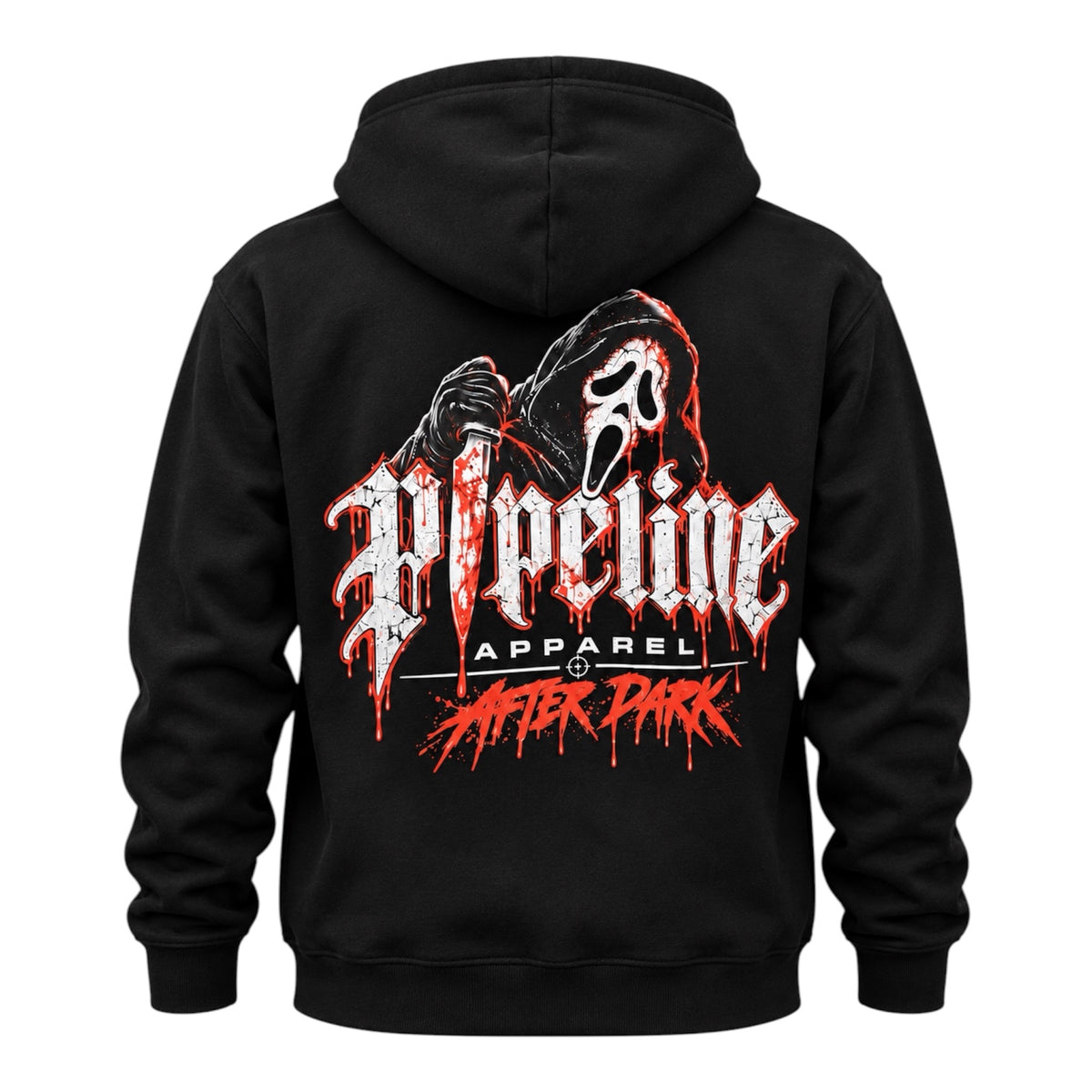 Black pullover hoodie featuring a horror-inspired graphic of a masked figure with a knife on the back.