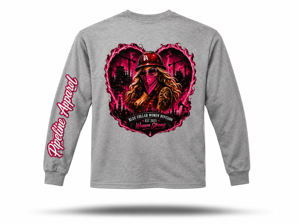 Grey long sleeve shirt featuring a pink heart graphic of a woman in a hard hat and industrial background.