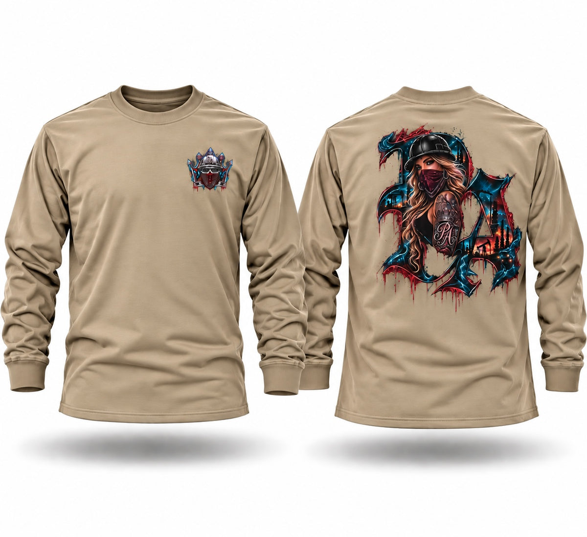 Tan long sleeve crewneck shirt with a small chest emblem and a large, detailed graphic print on the back.