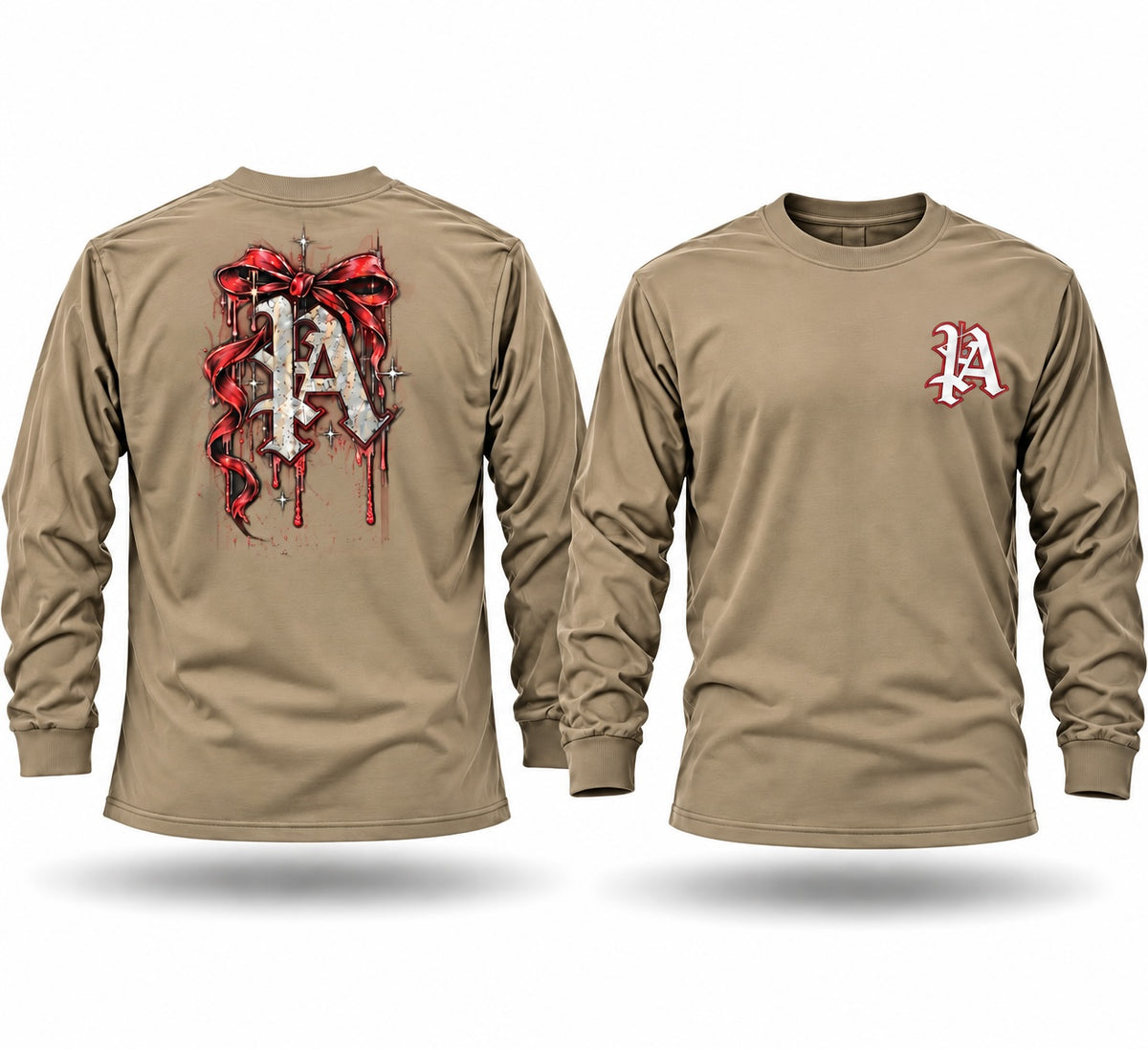 Tan long sleeve graphic tee with gothic letter and red ribbon back print and small chest logo