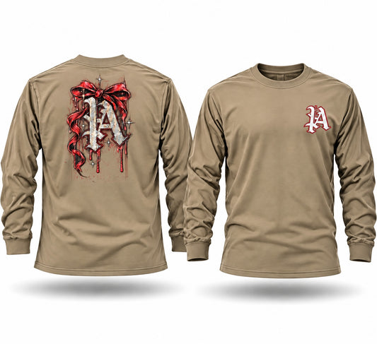 Tan long sleeve graphic tee with gothic letter and red ribbon back print and small chest logo