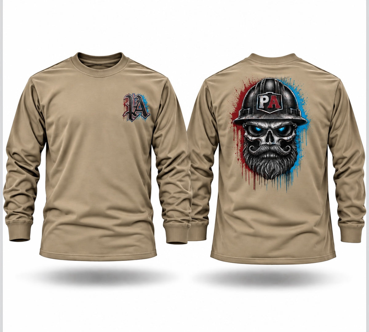 Tan long sleeve crewneck shirt with a front logo and a back graphic of a bearded skull wearing a hard hat.