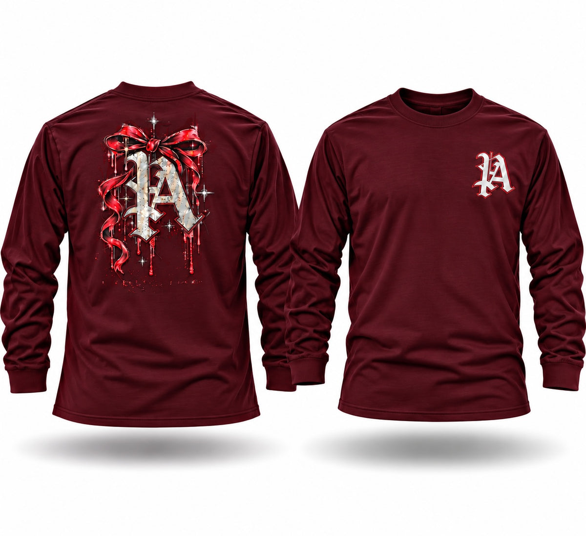 Burgundy long sleeve tee with gothic letter and ribbon graphic print on the back and small chest logo.