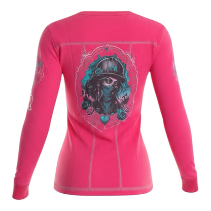 Women's pink long sleeve performance work shirt with a detailed graphic print of a woman in a hard hat on the back.